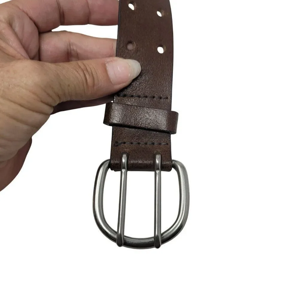 Mens Double Prong Genuine Italian‎ Leather Brown Belt M/L 36